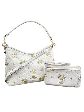 COACH White Laurel Pebbled Leather Floral Shoulder Bag & Double Zip Wristlet